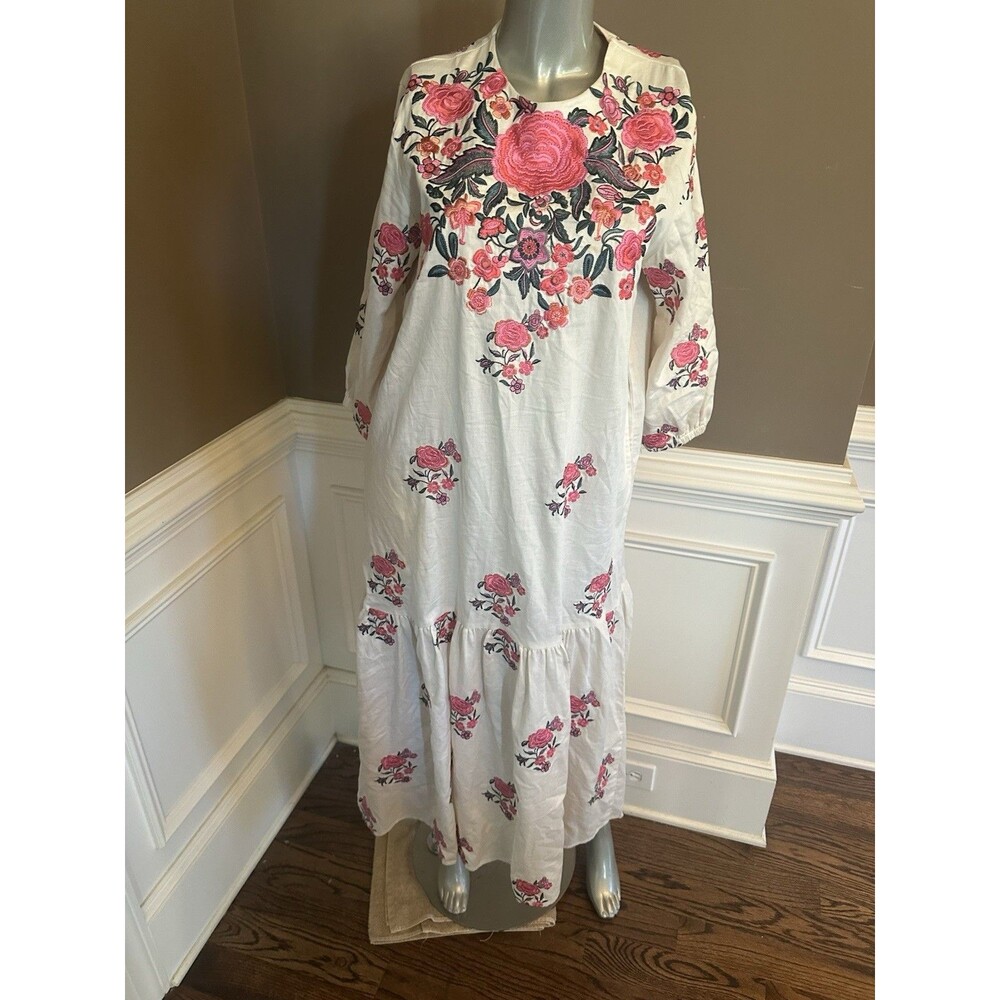 Khaadi Cream Pink Embroidery Floral Print Corduroy Midi Dress Sz Small